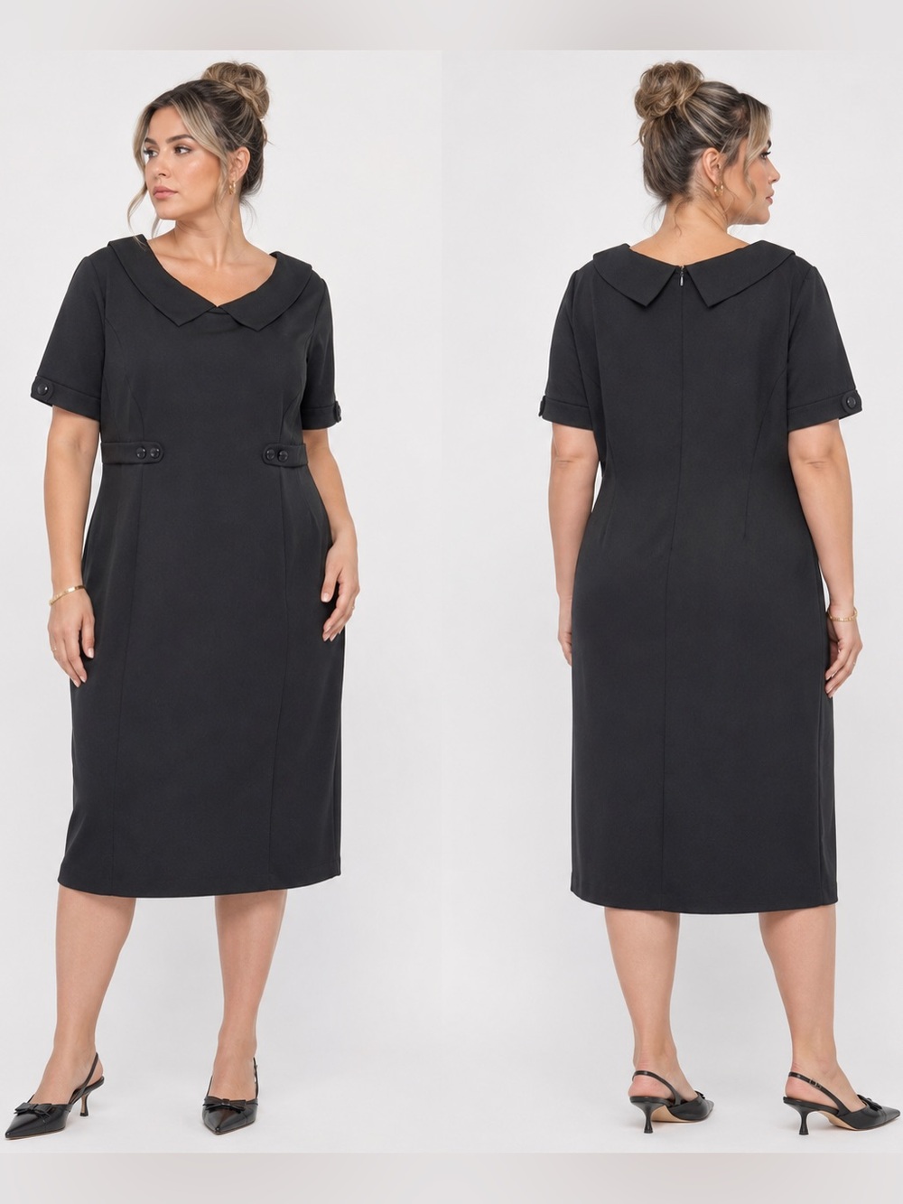 Tahari ASL Vintage Inspired Boat Neck Button Detail Sheath Midi Black Dress